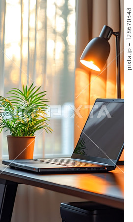 A laptop is on a desk next to a potted plant A laptop is on a desk next to a potted plant 128670348
