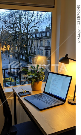 A laptop is open on a desk with a potted plant next to it A laptop is open on a desk with a potted plant next to it 128670349