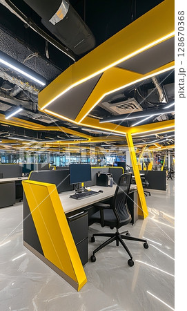 A yellow and black office with a desk and chair A yellow and black office with a desk and chair 128670368