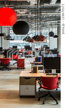 A large open office space with many desks and chairs A large open office space with many desks and chairs 128670371