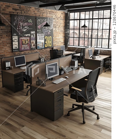 A modern office with a brick wall and a window 128670446