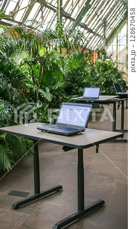 Two laptops are on a table in a greenhouse Two laptops are on a table in a greenhouse 128670458