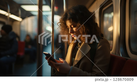 woman using phone on subway train 128670809