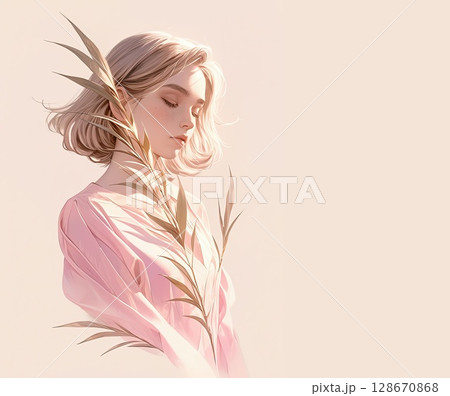 Playful hand-drawn depiction of a charming young woman, with expressive features and a friendly vibe. 128670868