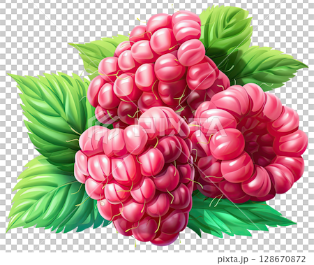 Raspberry Berries with Green Leaves: Illustration on Transparent Background, PNG 128670872