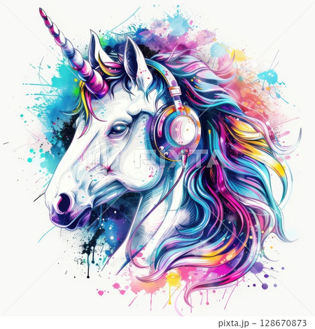Pastel artwork of unicorn listening to music, surrounded by paint splash strokes 128670873