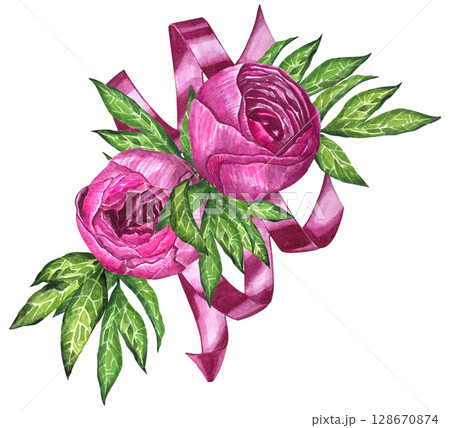 Watercolor peony bouquet illustration. Hand draw flowers illustration. Pink peonies flowers watercolor illustration painting botanical art greeting card stationar. 128670874