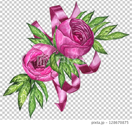 Watercolor peony bouquet illustration. Hand draw flowers illustration. Pink peonies flowers watercolor illustration painting botanical art greeting card stationar. 128670875