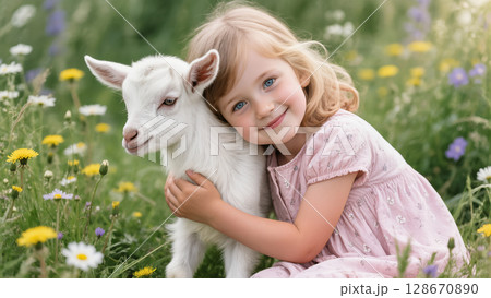 Smiling little girl hugging a baby goat in a blooming meadow filled with wildflowers on a sunny spring day 128670890