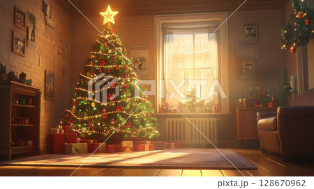 christmas morning sunlit living room with decorated tree christmas morning sunlit living room with decorated tree 128670962