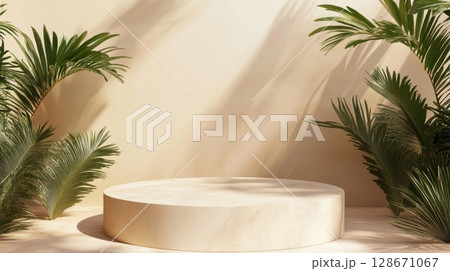 Beige Platform with Tropical Leaves. Beige Platform with Tropical Leaves. 128671067
