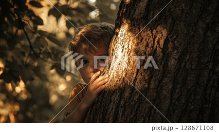 boy hiding behind tree in sunlight boy hiding behind tree in sunlight 128671108