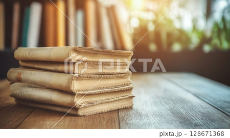 Stack of old books on a wooden table. 128671368