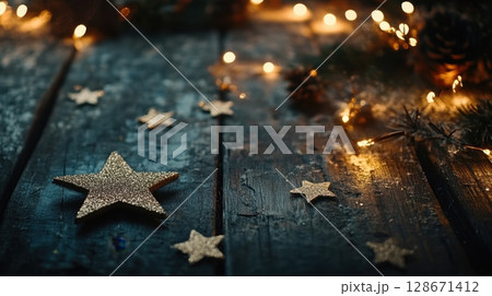 Festive Winter Wonderland on Rustic Wood. 128671412