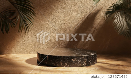 Elegant Marble Display with Palm Shadows. 128671453