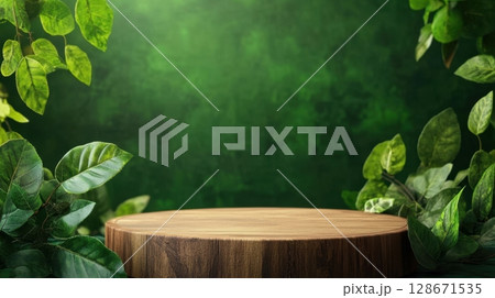Wooden Display Against Lush Green Foliage. 128671535