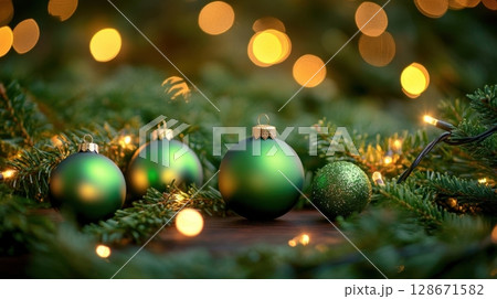 Festive Green Ornaments and Twinkling Lights. Festive Green Ornaments and Twinkling Lights. 128671582