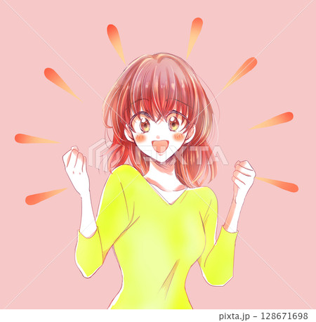 両手を握りしめる女性　ファイト 128671698