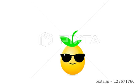 Cartoon yellow fruit with green leaves and black sunglasses on a white background isolated image Cartoon yellow fruit with green leaves and black sunglasses on a white background isolated image 128671760