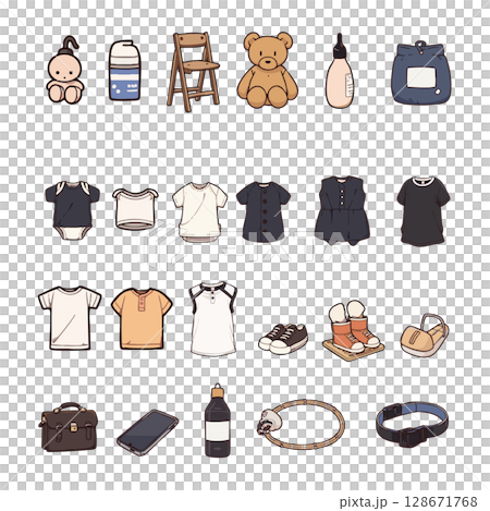 23 幅與育兒和育兒相關的物品插圖（嬰兒服裝和玩具） 128671768