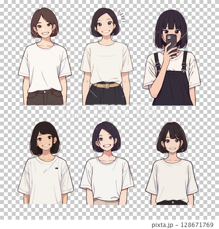 身穿白色 T 恤的日本年輕女子插畫集（微笑、上半身） 128671769