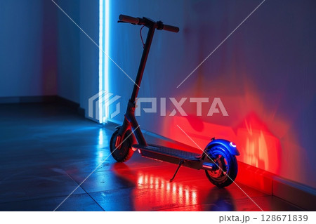Modern mobility showcased through sleek electric scooter. 128671839