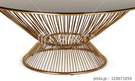 A gold and silver coffee table with a glass top 128671850