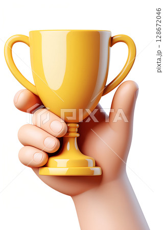 Cartoon 3d hand holding shiny golden trophy cup, victory and achievement symbol isolated 128672046
