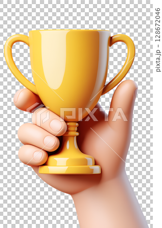 Cartoon 3d hand holding shiny golden trophy cup, victory and achievement symbol isolated Cartoon 3d hand holding shiny golden trophy cup, victory and achievement symbol isolated 128672046