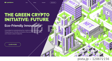 Cartoon Color Eco Friendly Innovations Crypto City Concept Banner 3d Isometric View Line Elements. Vector illustration 128672156