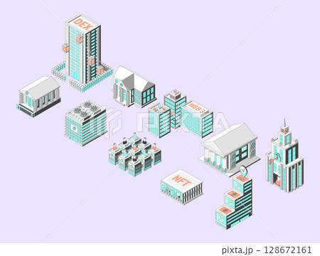 Cartoon Buildings Placed in a Row Crypto City Concept 3d Isometric View Line Elements. Vector illustration 128672161