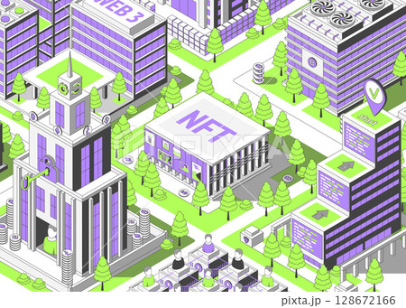 Cartoon Color Crypto City Concept with NFT Gallery Building Card Background 3d Isometric View Line Elements. Vector illustration 128672166