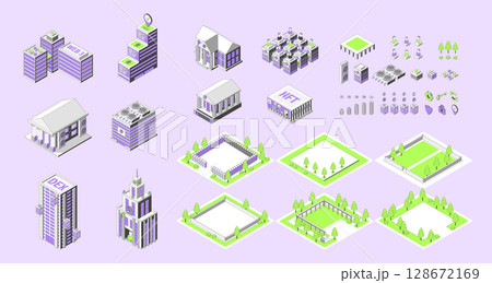 Cartoon Color Building, People and Landscape Set Crypto City Concept 3d Isometric View Line Elements. Vector illustration Cartoon Color Building, People and Landscape Set Crypto City Concept 3d Isometric View Line Elements. Vector illustration 128672169