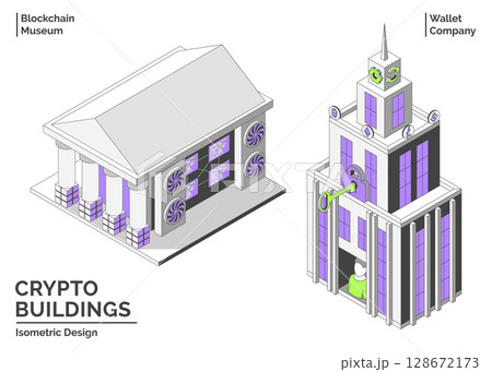 Cartoon Color Wallet Company and Blockchain Museum Building Crypto City Concept 3d Isometric View Line Elements. Vector illustration Cartoon Color Wallet Company and Blockchain Museum Building Crypto City Concept 3d Isometric View Line Elements. Vector illustration 128672173