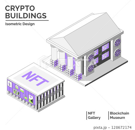 Cartoon Color NFT Gallery and Blockchain Museum Building Crypto City Concept 3d Isometric View Line Elements. Vector illustration 128672174