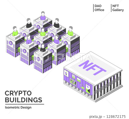 Cartoon Color NFT Gallery and DAO Office Building Crypto City Concept 3d Isometric View Line Elements. Vector illustration 128672175