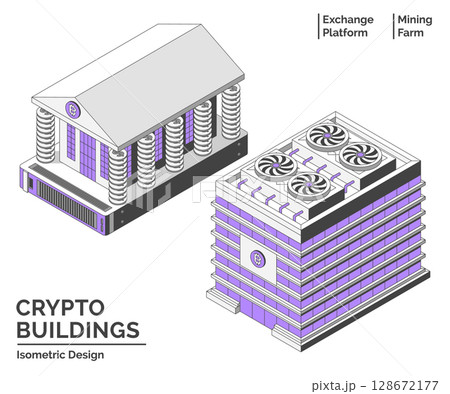 Cartoon Color Virtual Exchange and Mining Farm Building Crypto City Concept 3d Isometric View Line Elements. Vector illustration 128672177