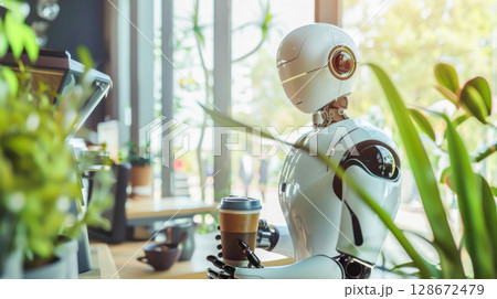 Humanoid robot holding coffee cup in bright, plant-filled sustainable cafe, showcasing integration of AI info daily routines. Concept of technology in everyday life, AI advancements, and modern living 128672479