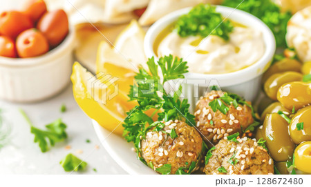Plate featuring homemade Mediterranean dishes, including falafel, creamy hummus, olives, and lemon wedges, highlighting charm and authenticity of local restaurant cuisine and home-cooked meals 128672480