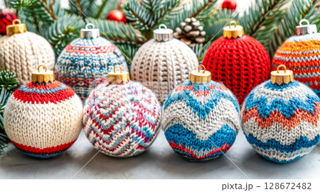 Colorful knitted Christmas ornaments with various patterns arranged in front of festive evergreen branches. Concept of sustainable holiday decor, eco-friendly crafts, and handmade seasonal designs 128672482