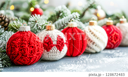 Handmade knitted Christmas ornaments on snowy surface with frosted greenery, reflecting sustainable holiday decor. Concept of DIY crafts, eco-friendly gifts, and festive creativity 128672483