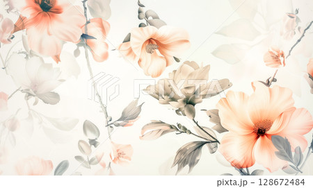 Flower backdrop. Soft, vintage-style floral design with peach and gray flowers on light background, creating timeless, elegant aesthetic. Perfect for invitations, wallpapers, and feminine decor themes 128672484