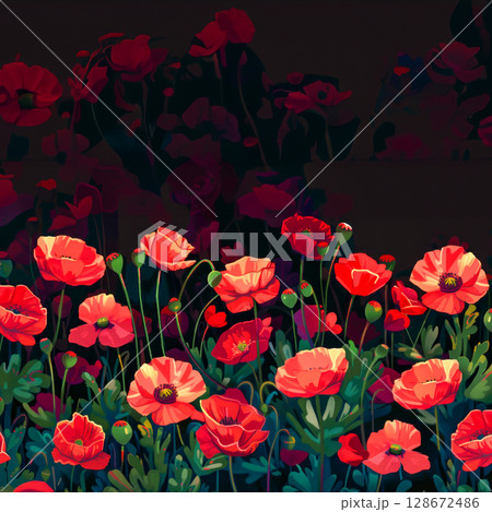 Floral design with vibrant red poppies and green leaves on dark background, suitable for use in textile products, decorative panels, or printed napkins, adding bold touch to any decor. Flower backdrop 128672486