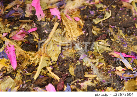 This close-up captures a vibrant mix of dried flowers and herbs, showcasing deep purples This close-up captures a vibrant mix of dried flowers and herbs, showcasing deep purples 128672604