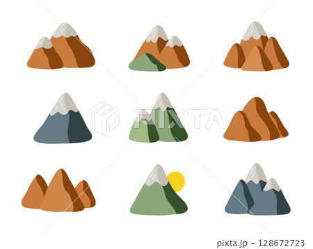 Set of 9 colorful mountain illustrations. Modern flat vector design with natural shapes and snow peaks. Perfect for eco branding, travel prints, packaging, stickers, and outdoor design projects 128672723