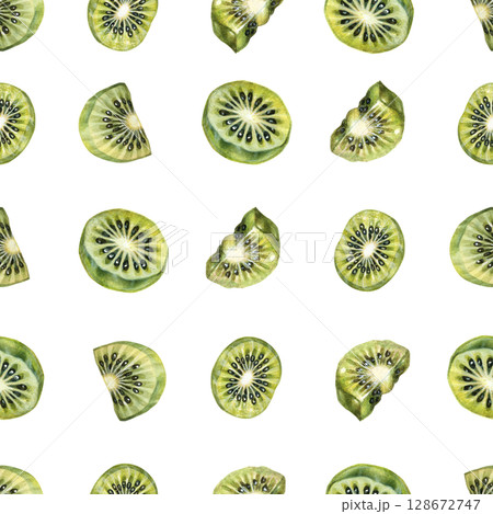 Green halves of ripe kiwi fruit with bright green flesh, seeds. Watercolor seamless pattern on white background for design of jam, preserve, drinks, food, baby and kitchen textiles 128672747