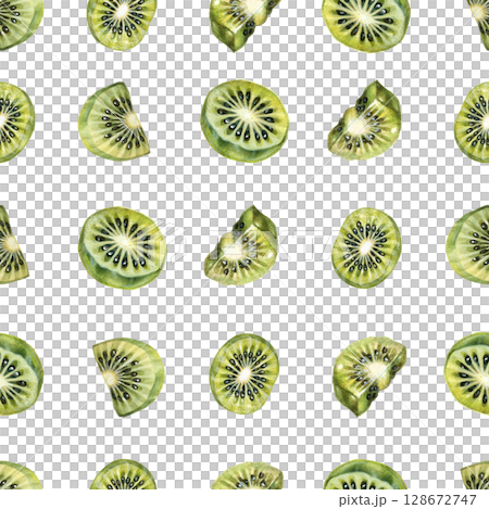 Green halves of ripe kiwi fruit with bright green flesh, seeds. Watercolor seamless pattern on white background for design of jam, preserve, drinks, food, baby and kitchen textiles 128672747