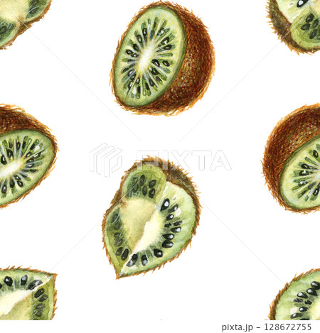 Sliced halves of ripe kiwi fruit with brown skin, bright green flesh, seeds. Watercolor seamless pattern on white background for design of jam, preserve, drinks, food, baby and kitchen textiles 128672755