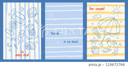 Retro summer Posters. Dolce vita Hand drawing. Isolated Mediterranean aesthetics postcards with beach vacation food, drinks and quotes. Vector outline Vintage vertical marine cards. Not AI Retro summer Posters. Dolce vita Hand drawing. Isolated Mediterranean aesthetics postcards with beach vacation food, drinks and quotes. Vector outline Vintage vertical marine cards. Not AI 128672766