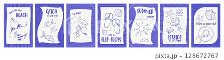 Mediterranean blue Posters set. dolce vita aesthetics Hand drawing. Isolated outline Vector Vintage Summer beach vertical Postcards with swimsuit, fish, flip-flops, cocktail, shells and quotes. Not AI 128672767